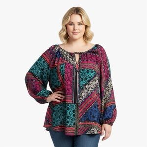 ➕ BB Dakota Patchwork Multi Patterned Blouse Womens Plus Size 3X